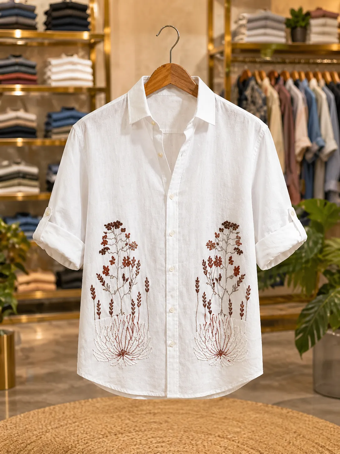 Men's White Designer Floral Embroidered Shirt